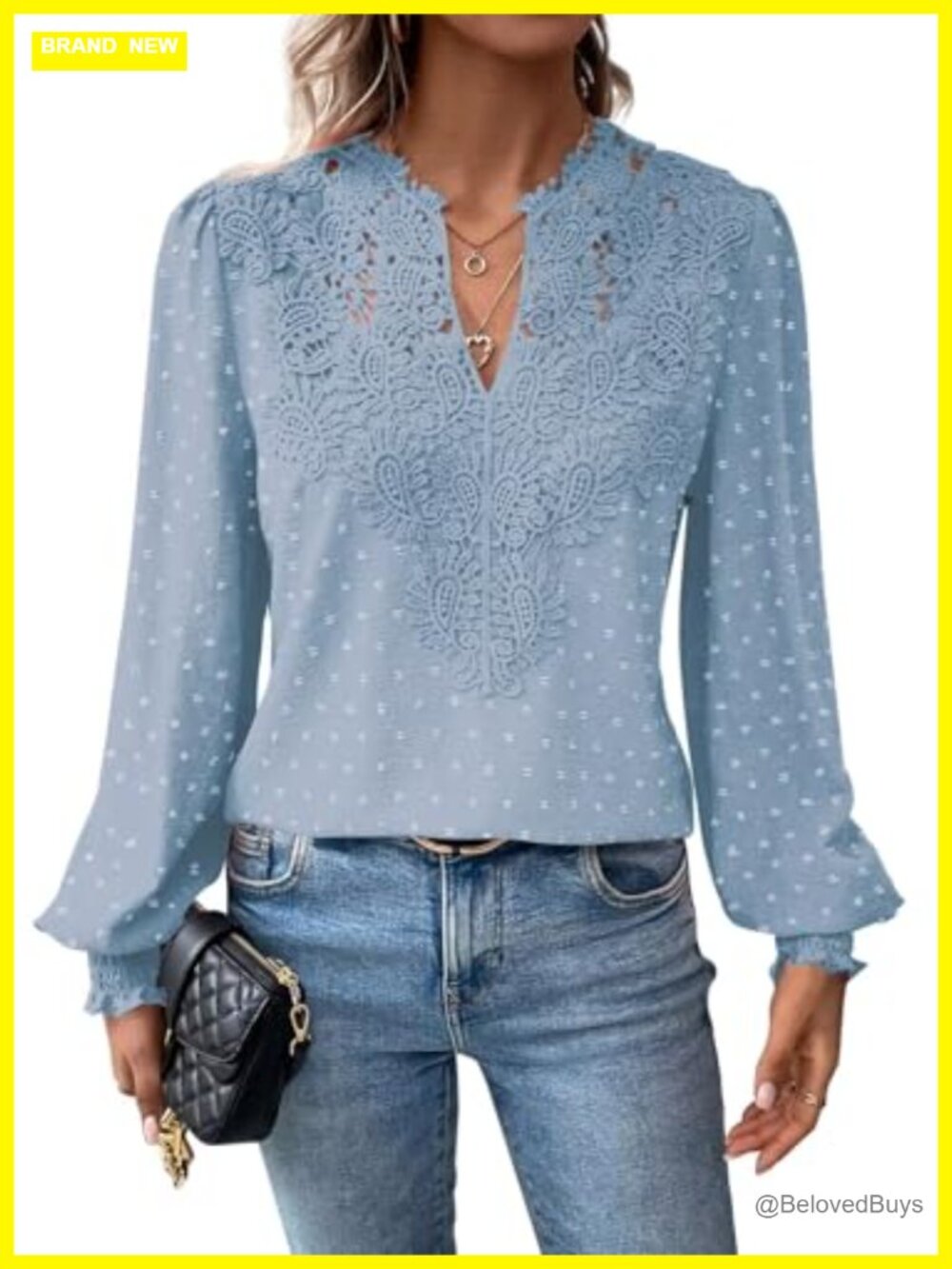Women's Long Sleeve Boho Lace Floral V Neck Blouse Ruffle Top